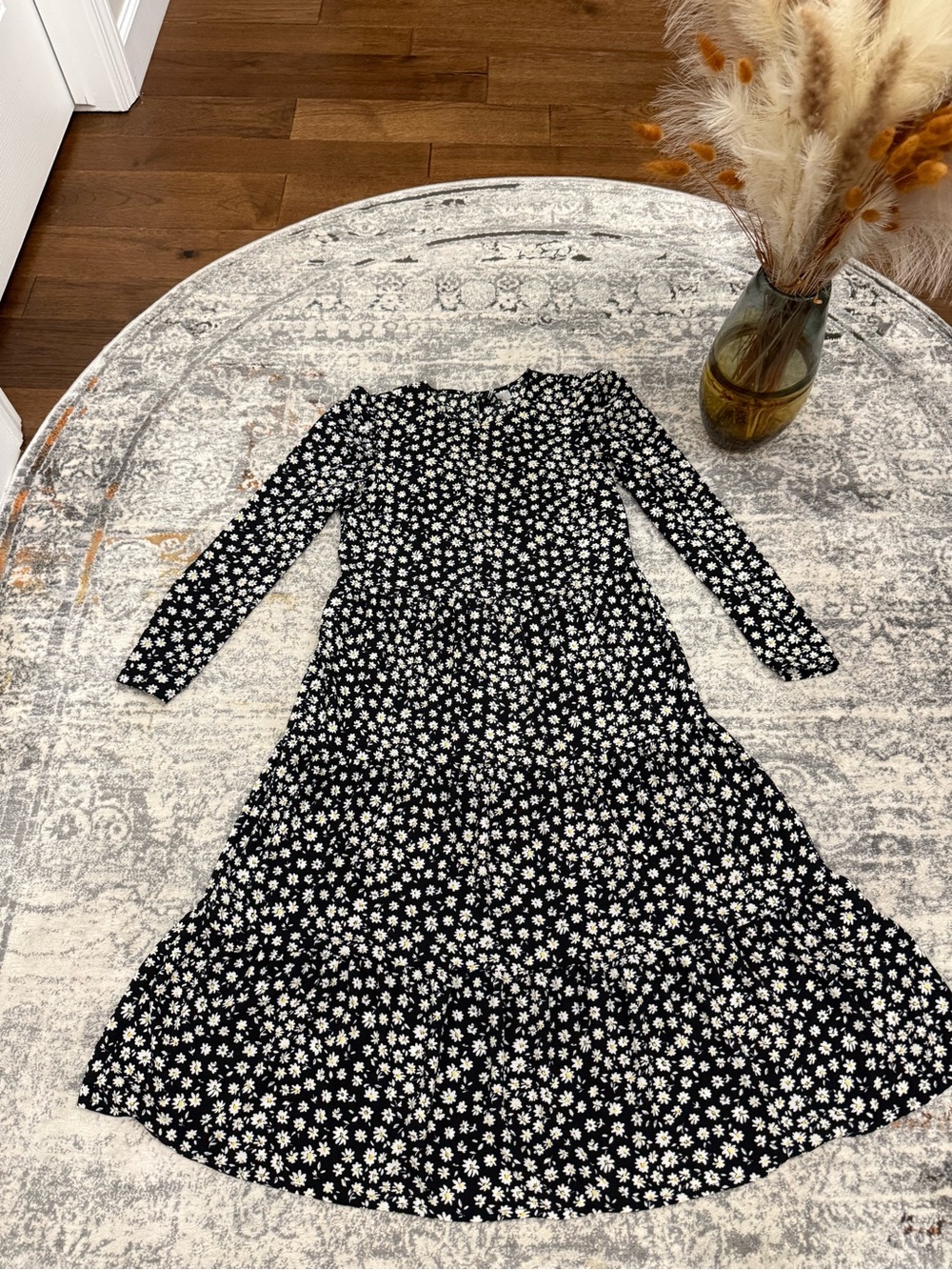 H&M Black Long-Sleeve Midi Dress with White Daisy Print